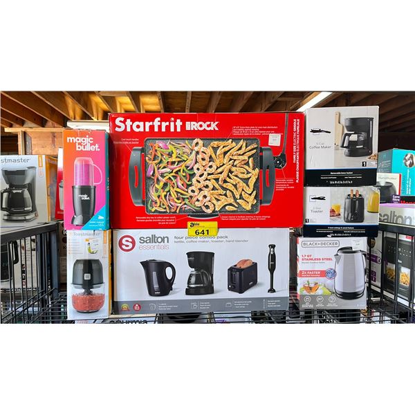 SHELF OF KITCHEN ITEMS: MAGIC BULLET BLENDER, SALTON 4 PIECE COMBO PACK, ROCK GRIDDLE & MORE