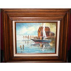 Framed Oil of a Boat by the Dock