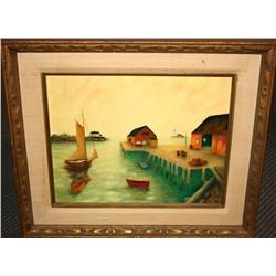 Framed Oil of Boats by The Dock