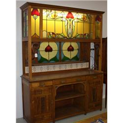 Antique Lighted Solid Wood Bar W/Stained Glass
