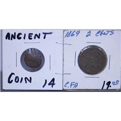 2 Cent 1869 Piece & Misc. Ancient Coin
