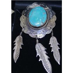 Signed Sterling & Turquoise Feather Drop Brooch