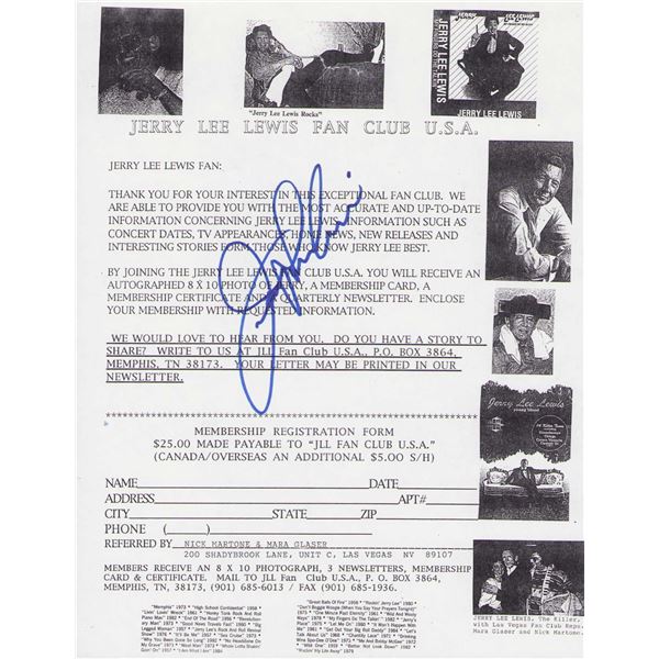 Jerry Lee Lewis signed fan club page