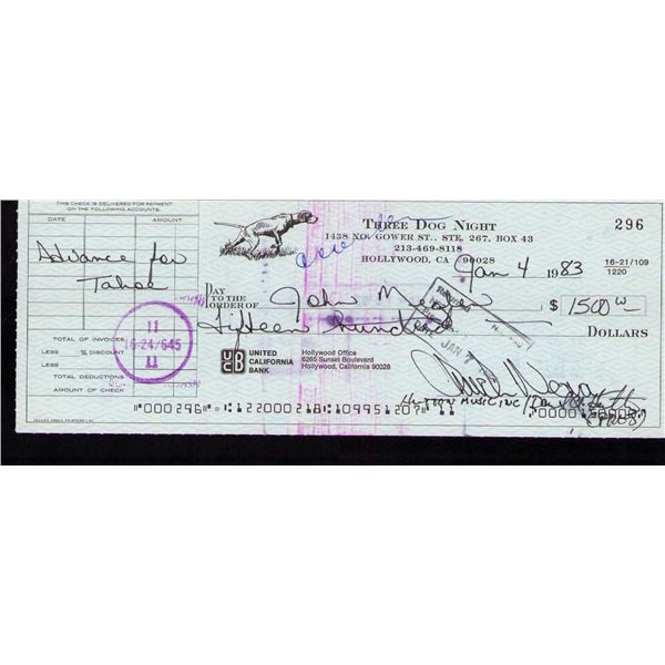 3 Dog Night signed check
