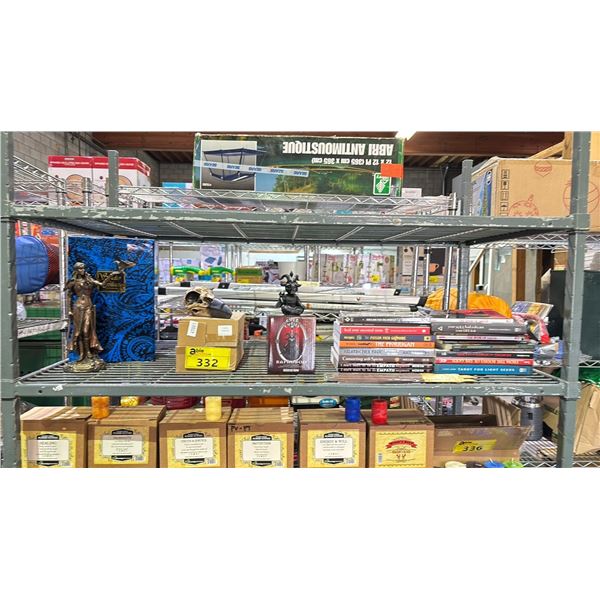 SHELF OF ASSORTED ITEMS INCLUDING; COLLECTIBLES, BOOKS & INCENSE STICKS