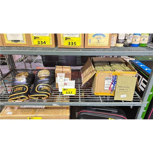 SHELF OF ASSORTED ITEMS INCLUDING; BOXING GLOVES, SUN BUM SUNSCREEN LOTION, JOURNALS & MORE