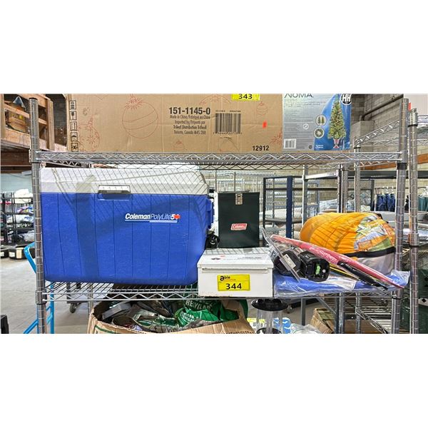 SHELF OF ASSORTED ITEMS INCLUDING; COLEMAN COOLER, HACK SAWS, LANTERNS, SLEEPING BAG & MORE