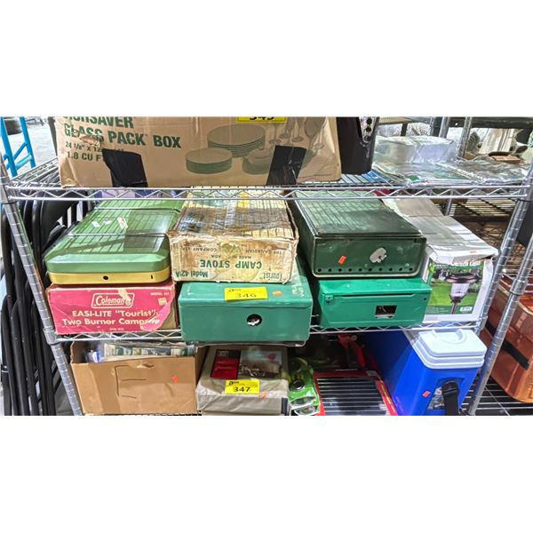 SHELF OF ASSORTED CAMPING STOVES & LIGHT