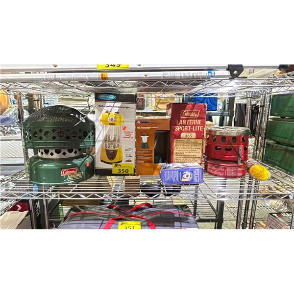 SHELF OF ASSORTED CAMPING LANTERNS, HEATER, ROPE & RADIO