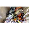 Image 2 : BIN OF ASSORTED SMALL HAND TOOLS, FLASHLIGHT, TOOL BAG, TURRET SPRINKLER, TORCH KIT & MORE