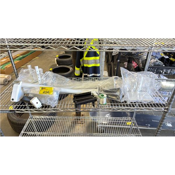 SHELF OF ASSORTED RACKING PARTS, HARDWARE & SPOOL OF SOLDER