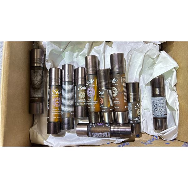 SAJE. 10 ASSORTED OILS / ESSENCES. 9 OPEN. 1 SEALED