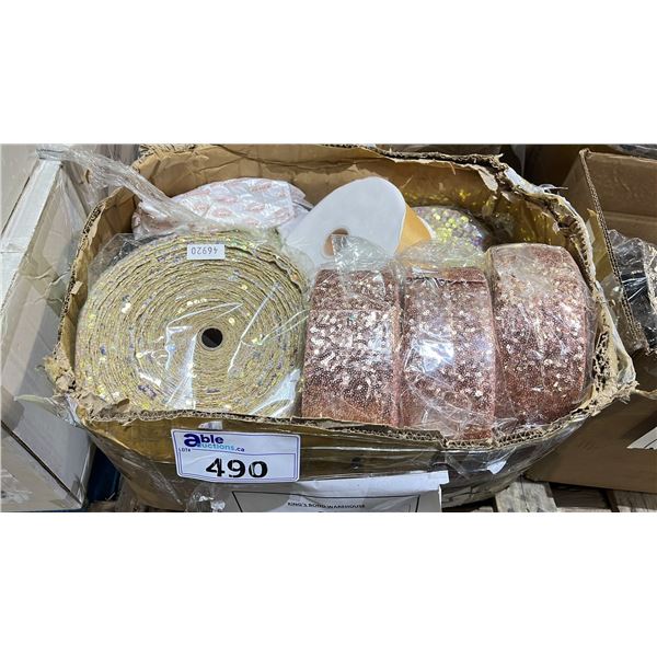 BOX OF ASSORTED FABRIC & SEQUIN ROLLS