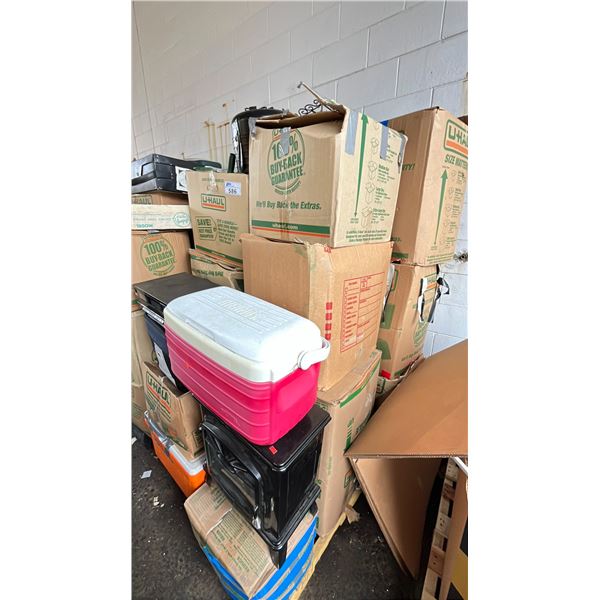 PALLET OF HOME GOODS - ELECTRIC HEATER, COOLERS, CASSETTE PLAYER, HOME DECOR & MORE *MUST TAKE ALL