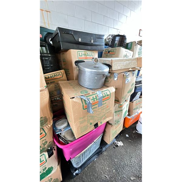 PALLET OF HOME GOODS - STOCK POTS, PRESSURE COOKER, GALVANIZED BIN, RIDE ON KIDS TOY, ELECTRIC