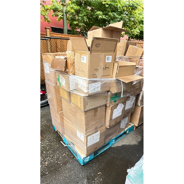 PALLET OF HOME  GOODS - PLAYING CARDS, MINI CHRISTMAS TREES, ROUND TILE SETS, WOODEN