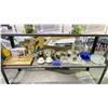 Image 1 : SHELF OF ASSORTED KITCHEN ITEMS: POTS, CASSEROLE DISH, BLENDER, IRON & MORE