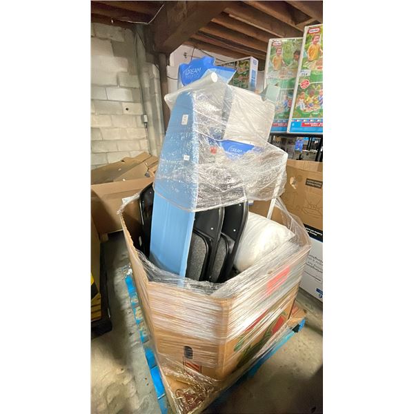 PALLET OF HOME GOODS - FOLDING TABLE, FOLDING CHAIRS, IRONING BOARD, MEMORY FOAM MATTRESS TOPPER,