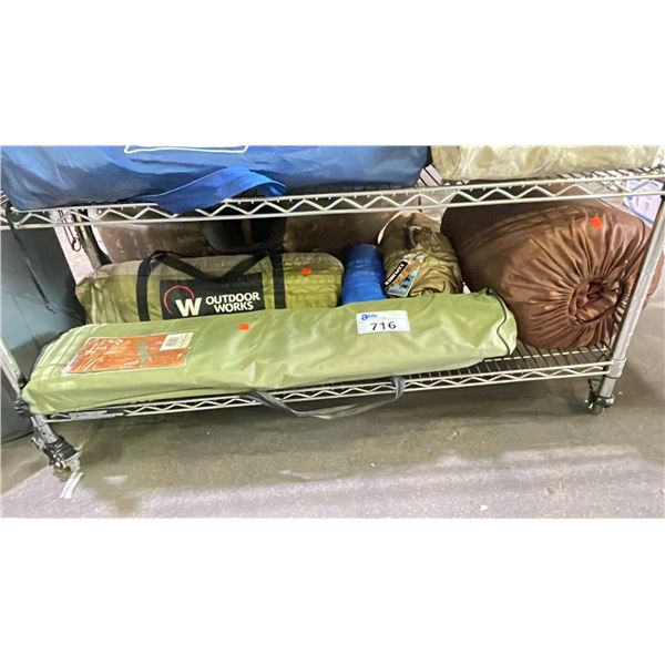 OUTDOOR WORKS ALPINE 3 TENT, CAMP COT & 3 SLEEPING BAGS