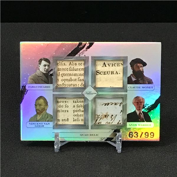 QUAD RELIC KEEPSAKE EDITION TRADING CARD WITH ORIGINAL WRITTEN WORDS BY ANDY WARHOL 63/99
