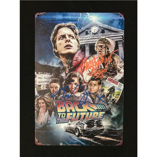 CHRISTOPHER LLOYD AND MICHAEL J FOX SIGNED TIN SIGN WWOC COA