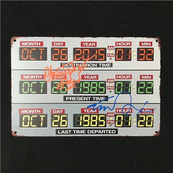 CHRISTOPHER LLOYD AND MICHAEL J FOX SIGNED TIN SIGN WWOC COA