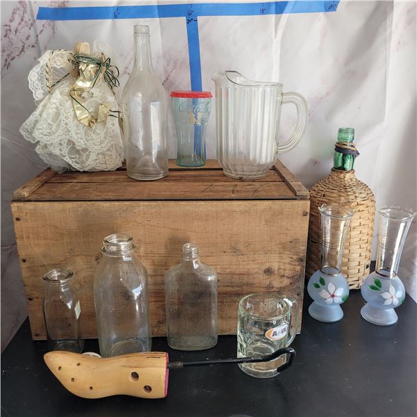Mixed Home Estate Lot - Wooden Crate, Glassware, Wooden Shoe From +