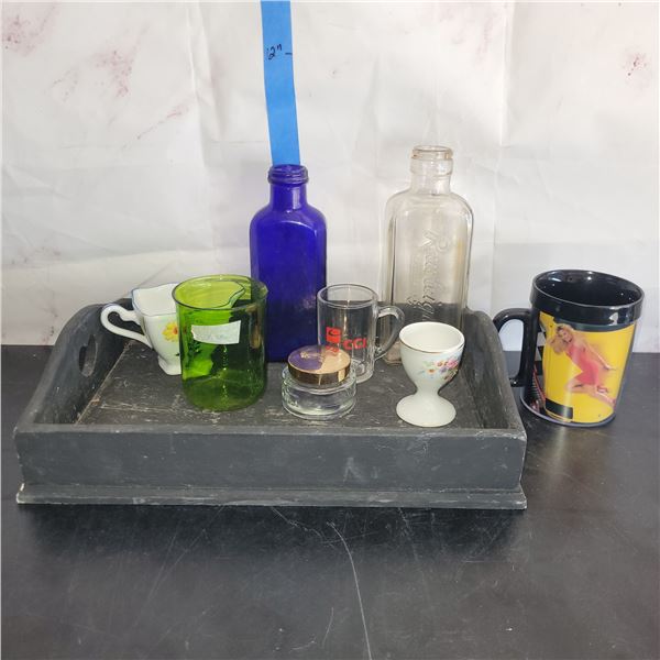 Wooden Serving Tray with Various Glassware, Bottles Etc