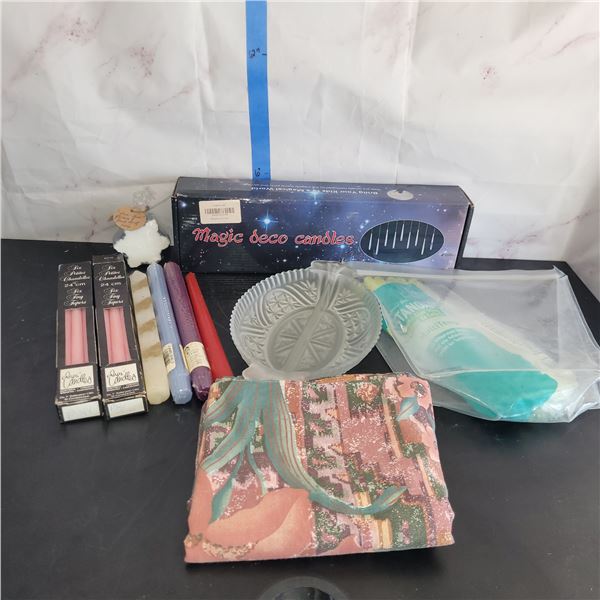 Vintage Candles, Linen, Bowl + Bag of Large Hot Glue Gun Glue Sticks