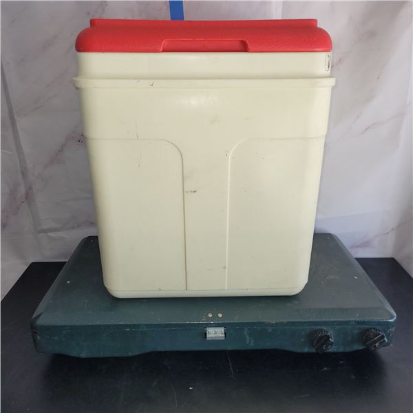 Tall Camping Cooler (with contents) + Propane Camping Stove