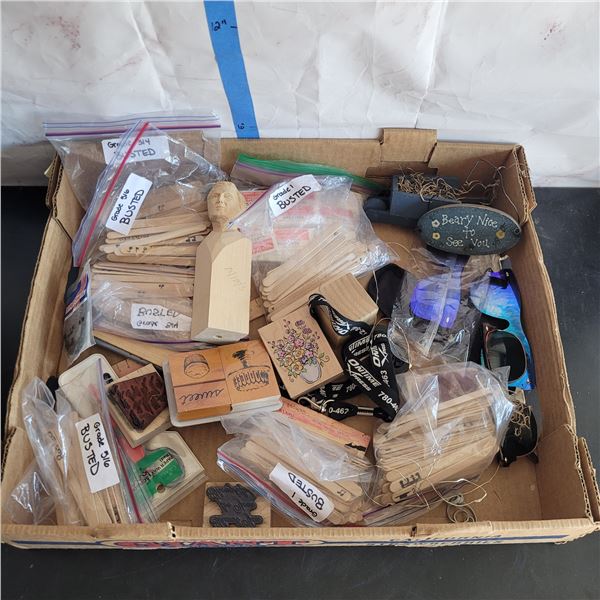 Fruit Flat of Various Stamps, Toys, Sunglasses, Misc