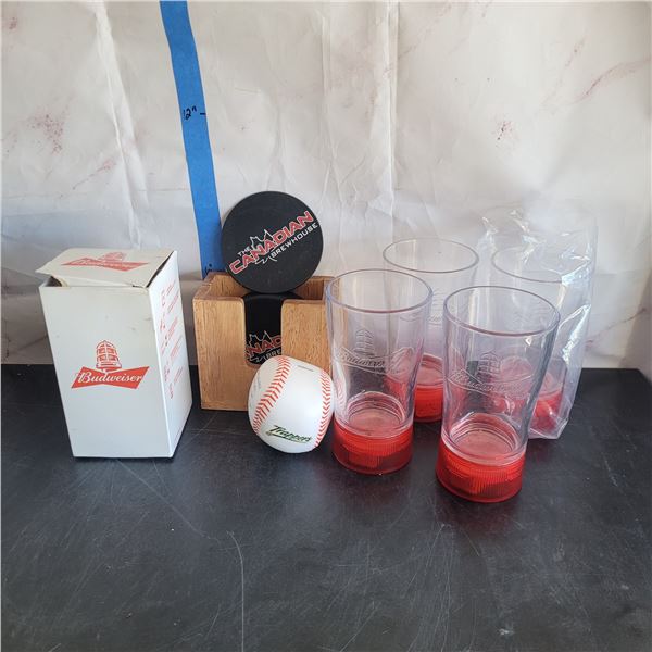 Lot of 4 Budweiser Goal Scored Light Up Glasses + Coasters, Baseball