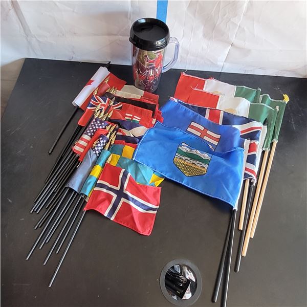 Lot of 28 World Flags + RCMP Travel Mug