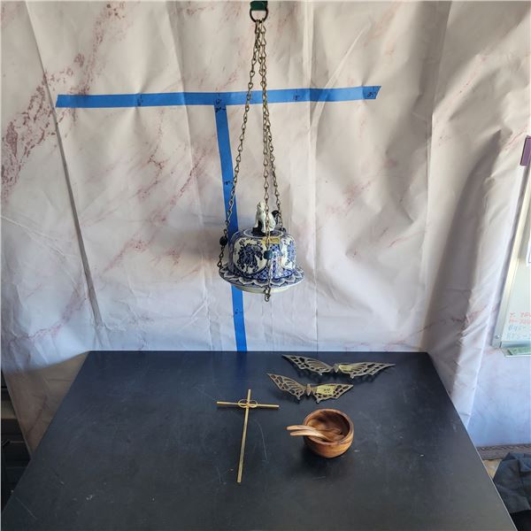 Hanging Vintage Asian Vase Lid Decor, 2 Brass Butterflies, Wooden Bowl, Cross