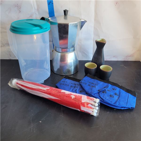 Mixed Estate Kitchen Lot - Coffee, Food Tent, Saki Set +