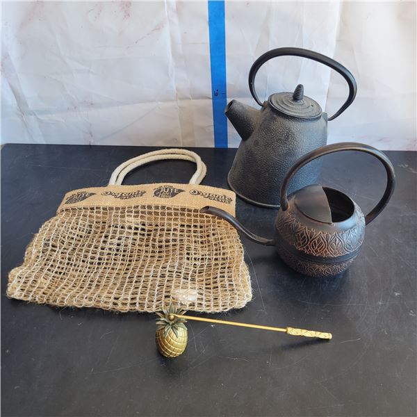Burlap Handled Bag with Cast Iron Asian Teapot, Watering Can & Pineapple Candle Snuffer