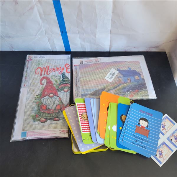 Lot of 2 New Diamond Art Pieces + Tin of Postcards