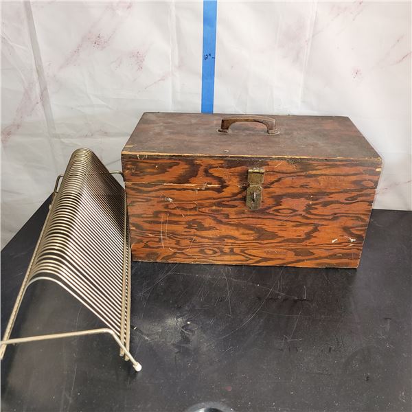 Vintage Wooden Locking Box + Metal Record Holder