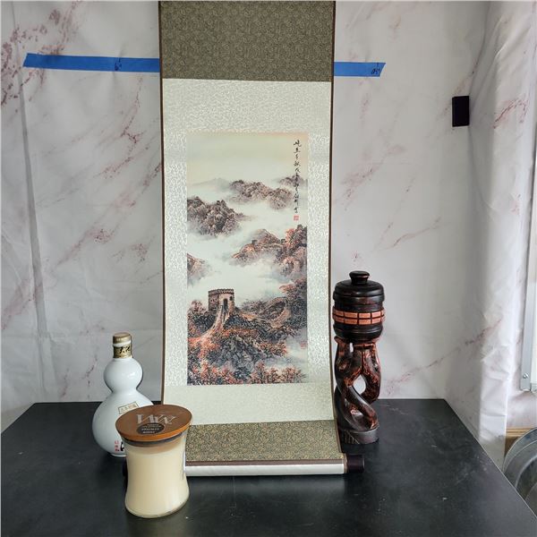 Home Decor Lot - Asian Silk Scroll, Collector Alcohol Bottle New Candle, Wooden Trinket Holder