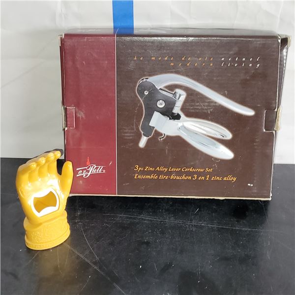 Alcohol Collectors Lot - Hand Bottle Opener + 3 Piece Lever Corkscrew Set