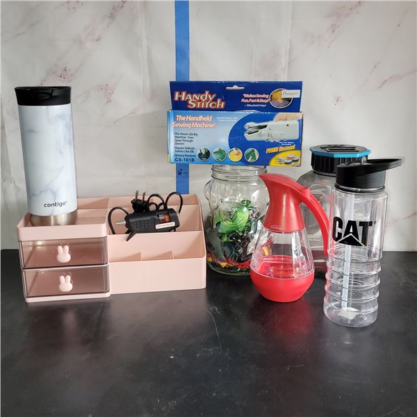 Estate Lot : Vanity Organizer, Contigo Bottle, Jar Lanyards, Handy Stitch, Trudeau Syrup