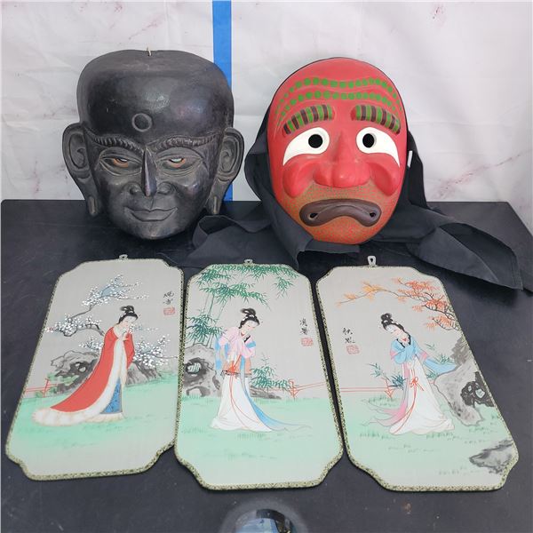 Wooden Tribal Mask, Indonesian Mask + 3 Asian Silk Fans or Wall Decor