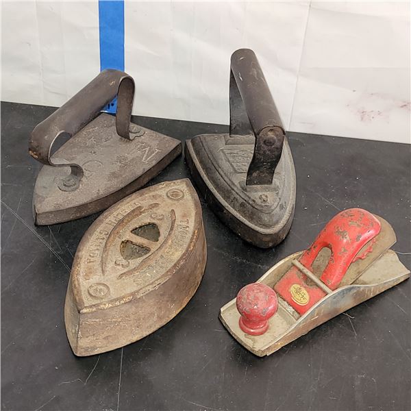 #3 Sad Iron, Old Wood Plane, #5 and #5 Sad Irons