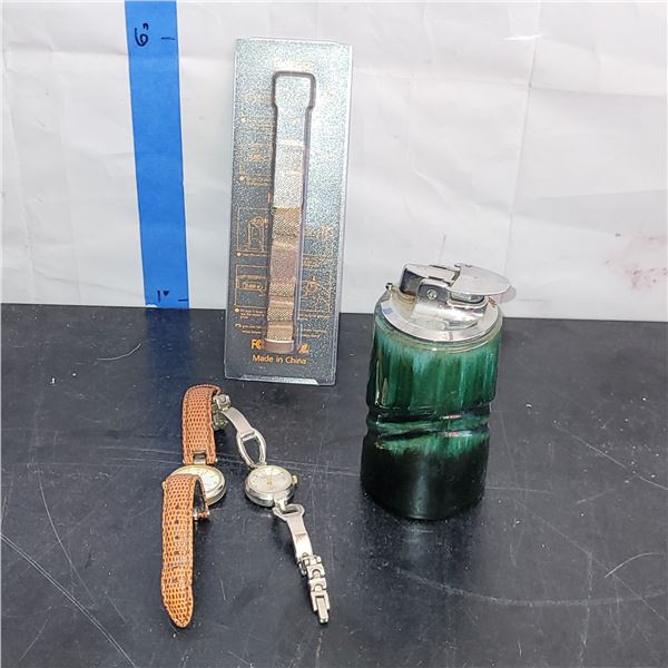 Lot of 2 Estate Watches, New Watch Band + Vintage Blue Mountain Pottery Tabletop Lighter