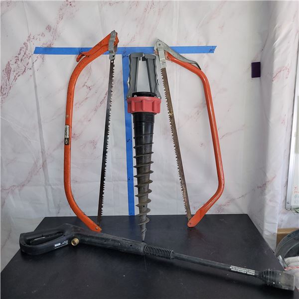 Beach Umbrella Sand Anchor, Pressure Washer Wand, Hand saw, 2x Bow Saw