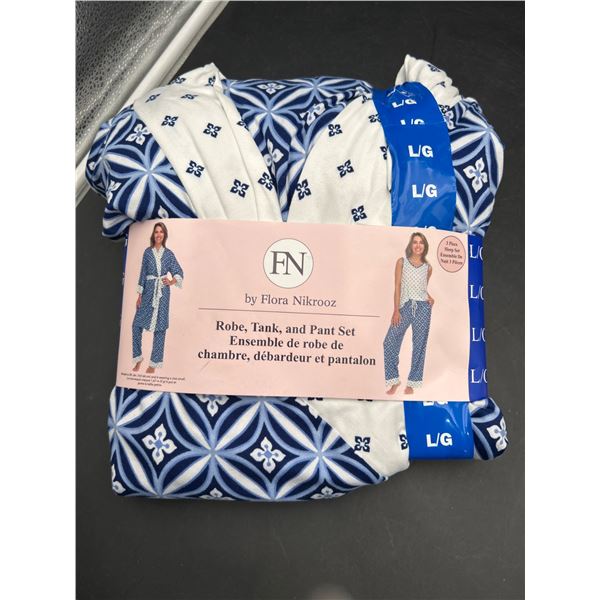 Flora Nikrooz L/G Robe, Tank, and Pant Set, Blue Pattern