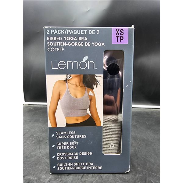 Lemon 2 Pack Ribbed Yoga Bra, XS, Seamless Design, Crossback Straps