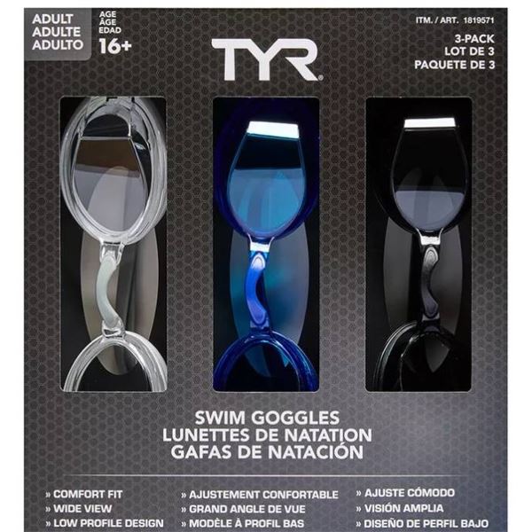 TYR Swim Goggles Adult 16+ 3-Pack with Low Profile Design