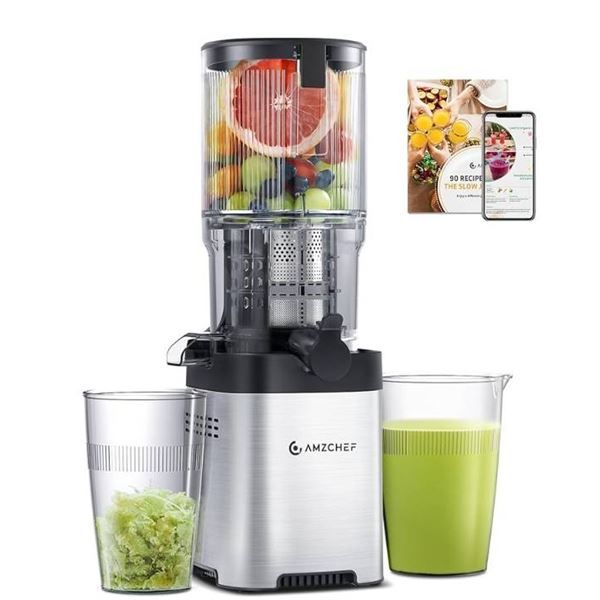 AMZCHEF Hand-Free Cold Press Juicer – 5.2 inch Large Chute Juicer Machine with Auto Cutting