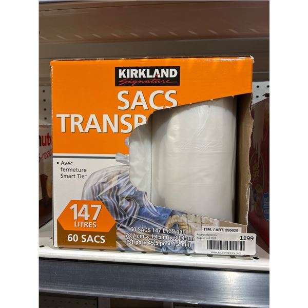 Kirkland Signature Transparent Trash Bags, 147 Liters, Set of 60